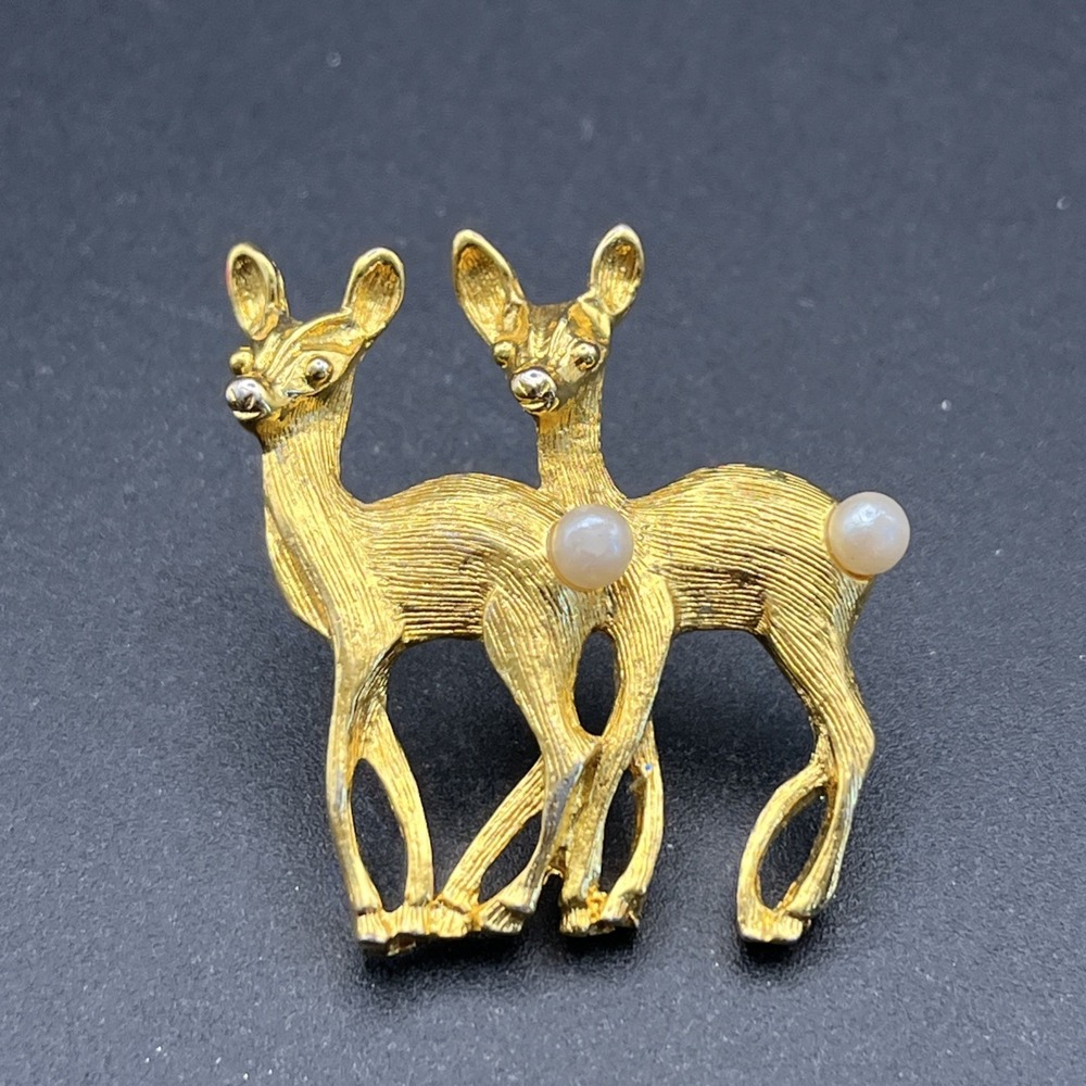 Fawns Deer Faux Pearls Gold Tone Lapel Hat‎ Pin